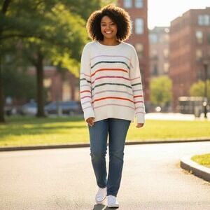 Women's‎ White Multicolor Striped Sweater Cozy Knit Pullover Crewneck Size XL